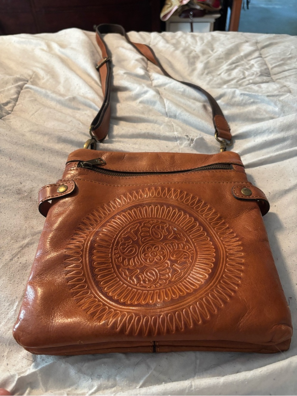 Patricia Nash Tan Embossed Leather Crossbody Bag